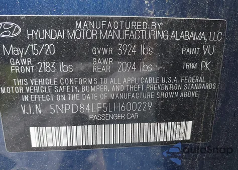 2020 Hyundai Elantra Sel from USA, damaged, VIN 5NPD84LF5LH600229